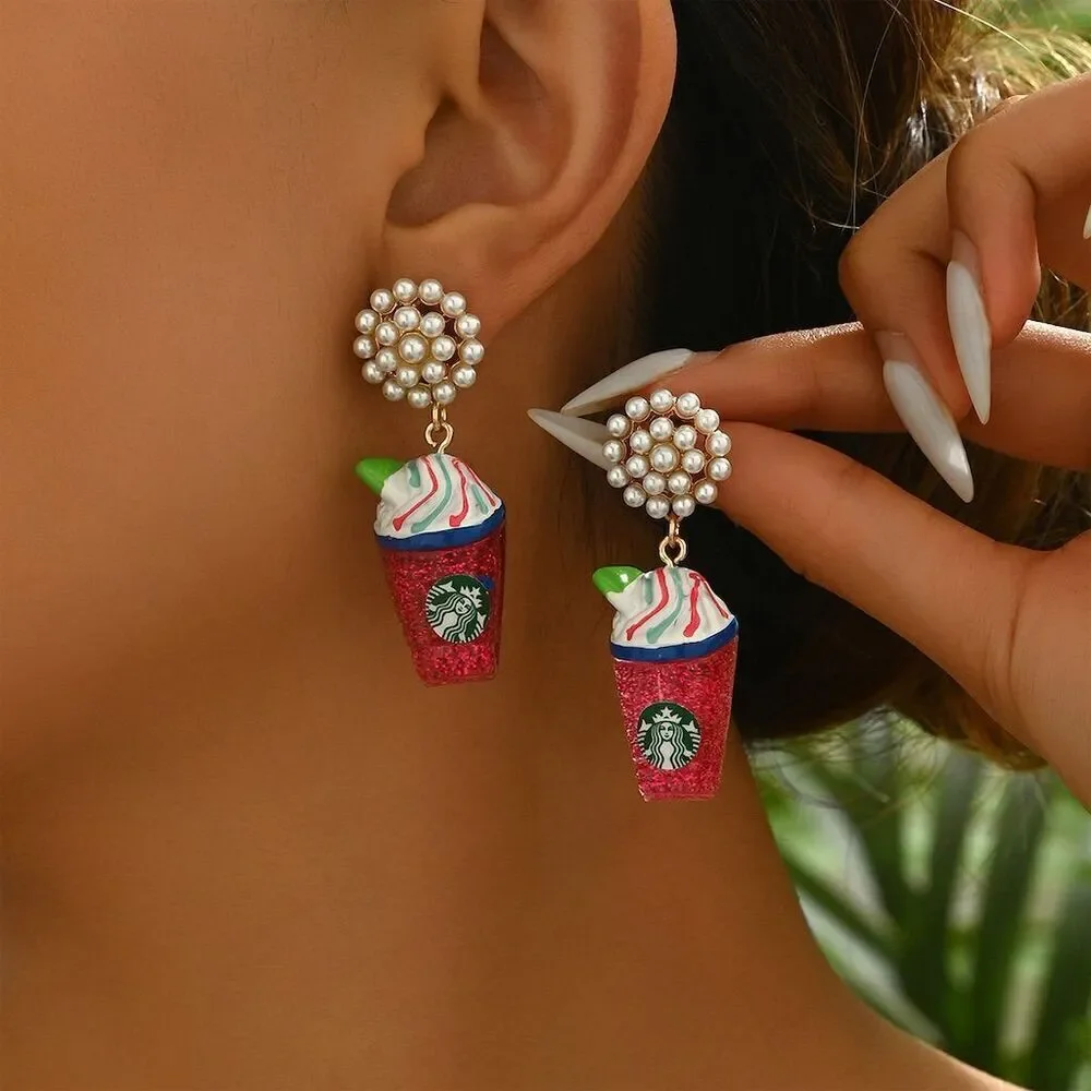 Fun Novelty Faux Pearl Textured Frappuccino Coffee Theme Stud Dangle Earrings